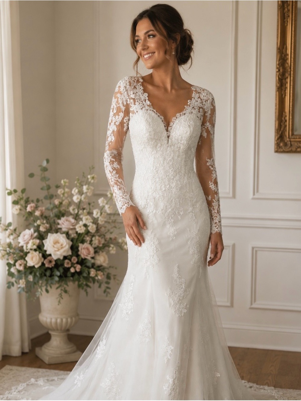 Lace Long-Sleeve Bridal Gown with Sweetheart Neckline - White